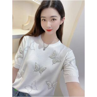 白色冰丝针织衫短袖T恤女夏2026新款设计感重工钉珠镶钻休闲上衣
