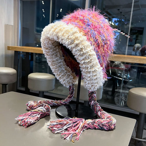 2025新款韩版混色辫子毛绒针织帽子女秋冬加厚保暖百搭护耳雷锋帽