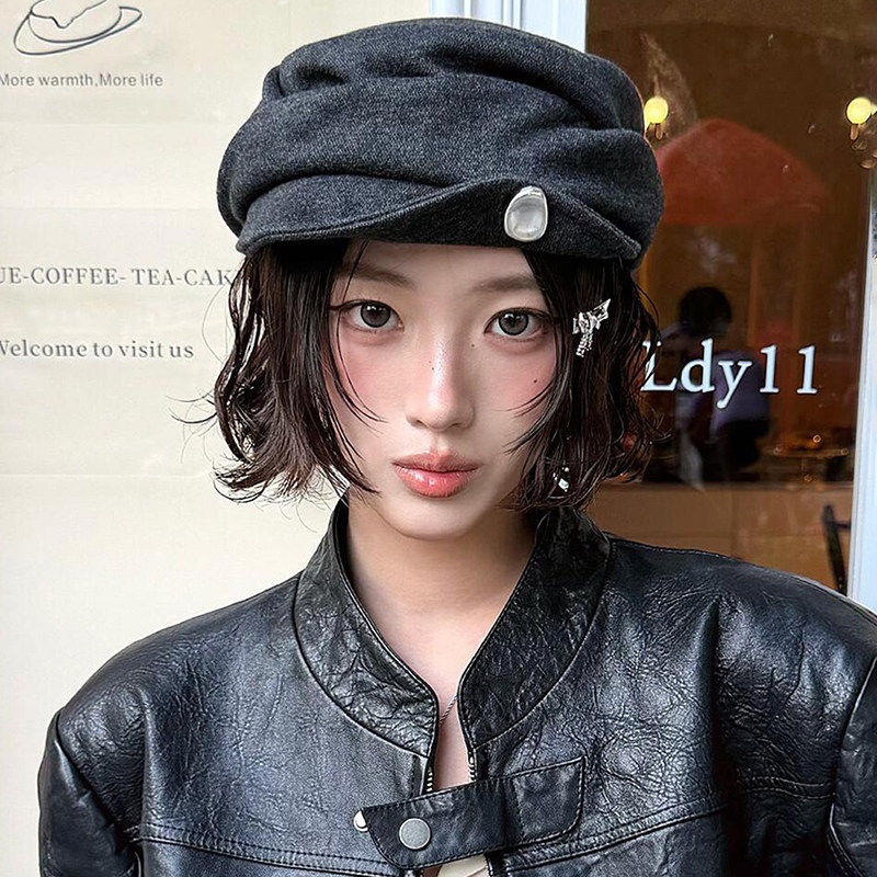 复古褶皱贝雷帽女韩版文艺百搭画家帽秋冬金属扣翘檐报童帽显脸小