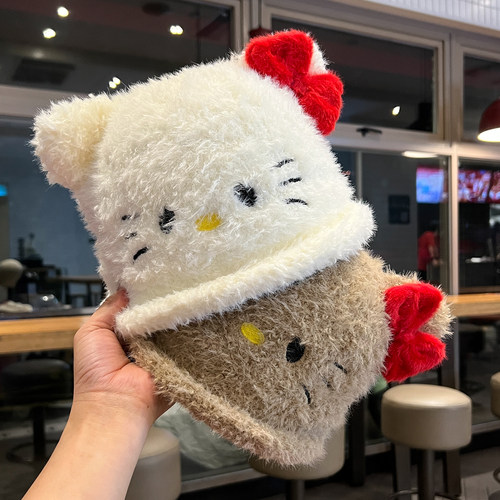 可爱卡通猫咪毛绒帽子女秋冬季甜美百搭显脸小包头帽大头围护耳帽