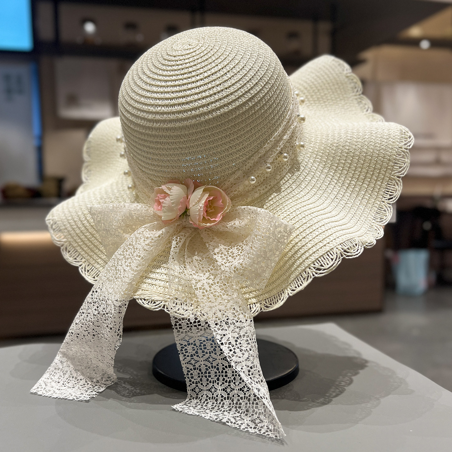 花朵蕾丝蝴蝶结草帽女夏季大帽檐防紫外线遮阳帽子海边沙滩拍照帽