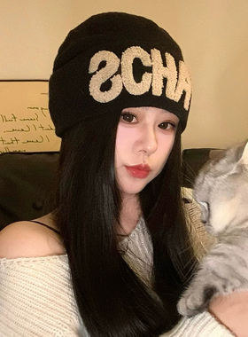 黑色刺绣字母堆堆帽女士冬季大头围保暖护耳帽百搭显脸小包头冷帽