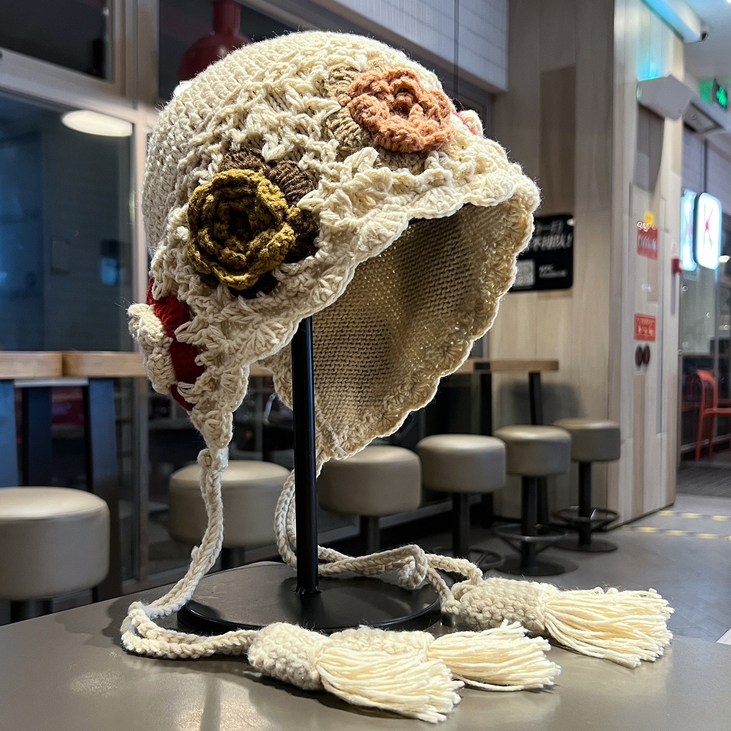 民族风手工编织立体花朵双层毛线帽女秋冬百搭保暖护耳针织套头帽