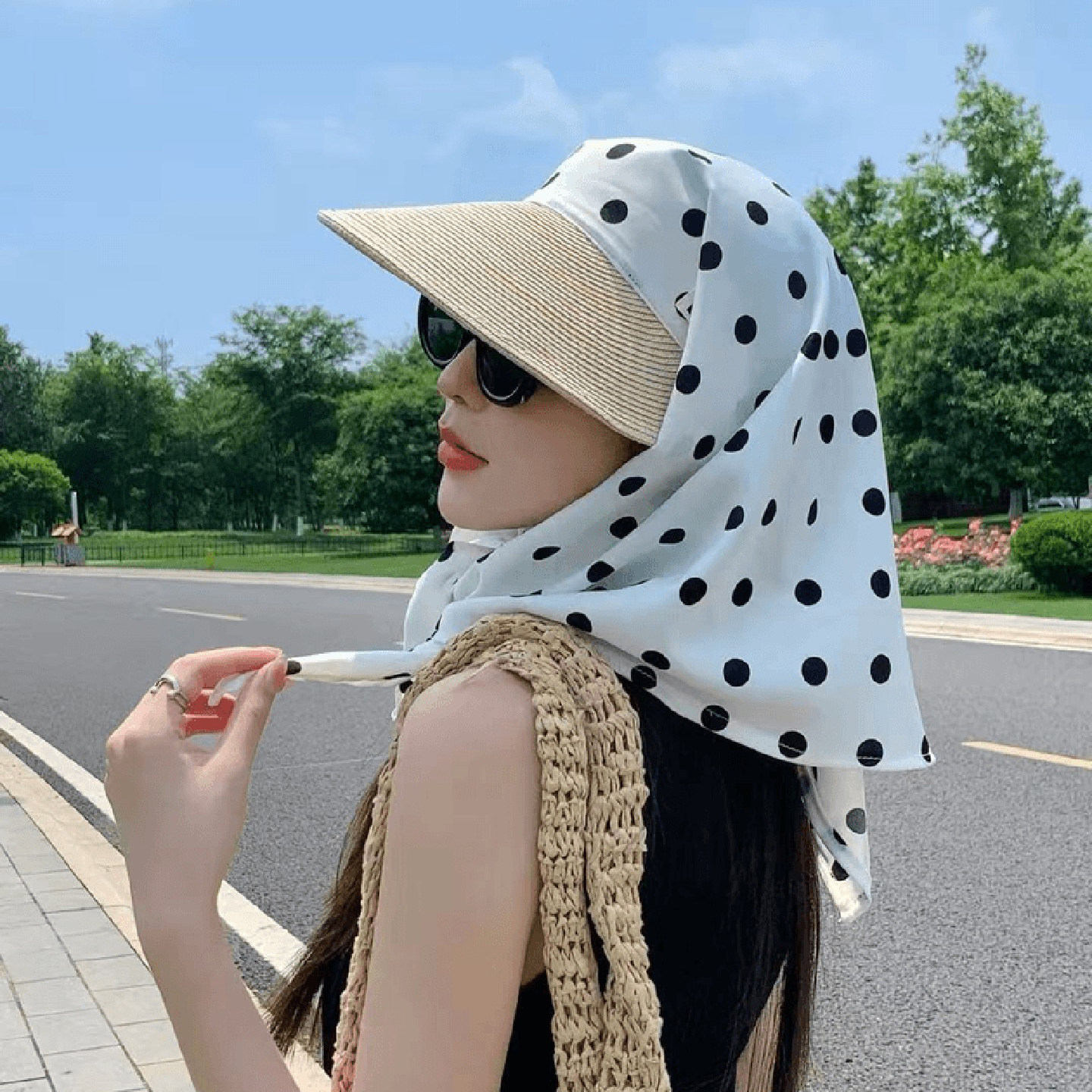 时尚波点头巾防晒帽子女大檐度假可折叠一体遮脸护颈全方位遮阳帽