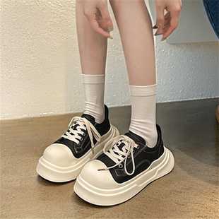 米奇黑白大头鞋女2025新款春秋百搭丑萌运动休闲板鞋厚底帆布鞋子