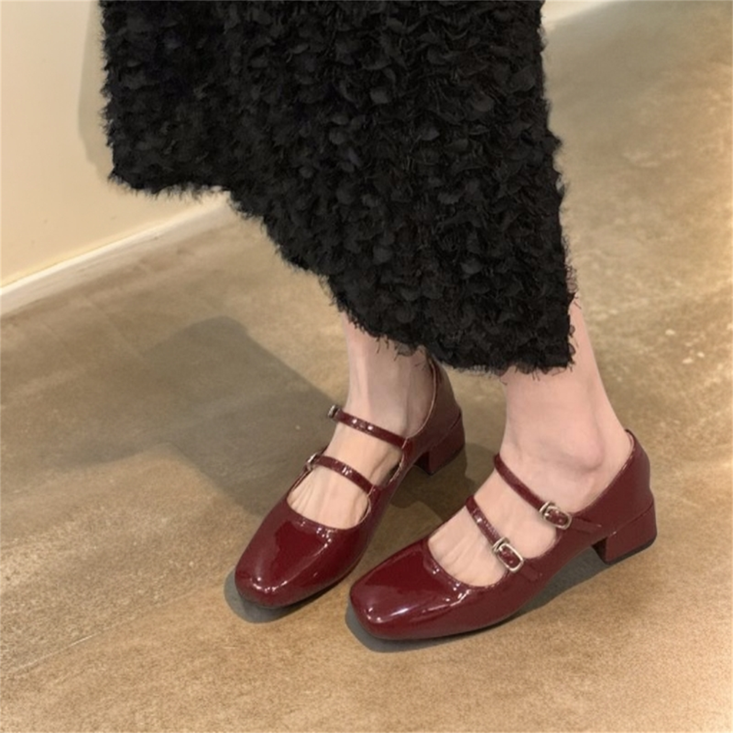 粗跟酒红色玛丽珍小皮鞋女鞋子