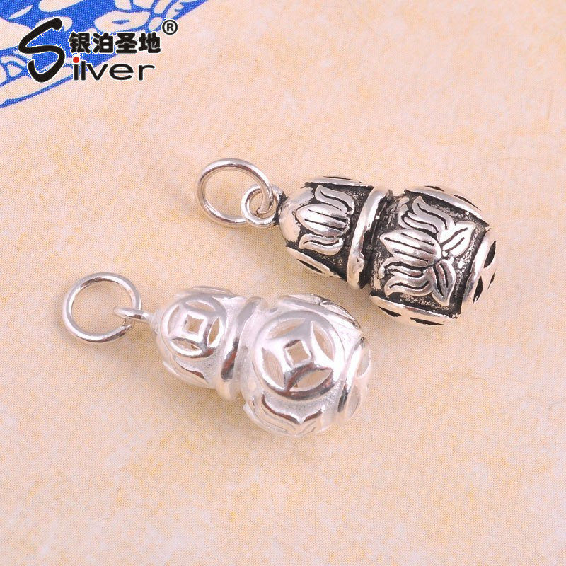 s925纯银珠子diy配件圆珠葫芦红绳手链项链吊坠项坠银丝复古饰品