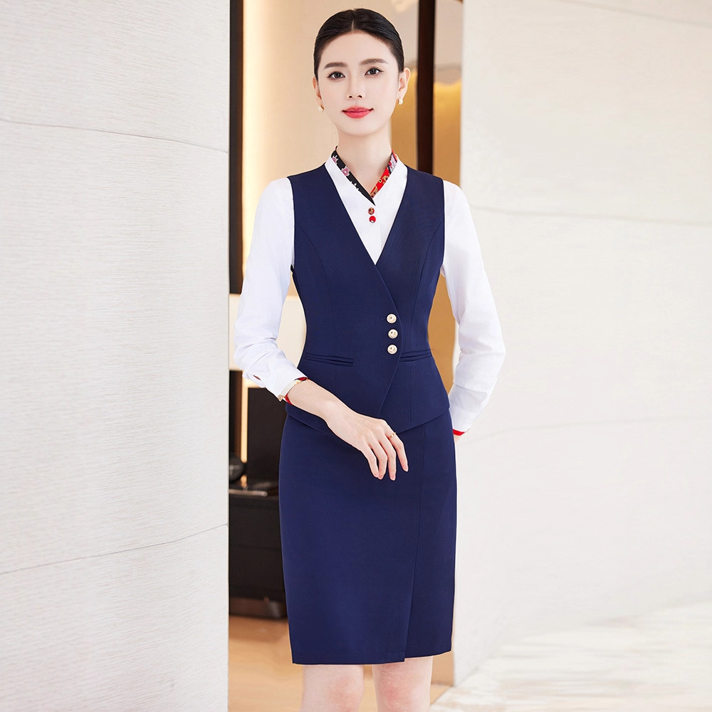 职业马甲套装女气质前台接待制服秋冬V领物业管理学校酒店工作服