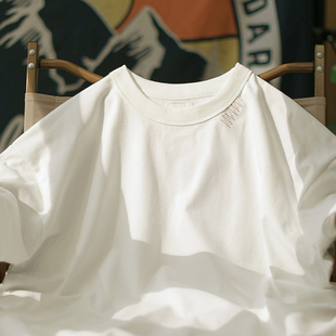 夏季 刺绣 低调 圆领tee T恤男士 宽松半袖 日系300g重磅纯色短袖