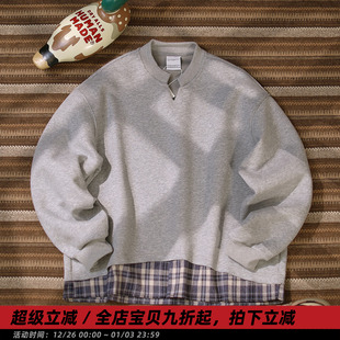 卡尔 套衫 秋季 刺绣长袖 潮 日系假两件圆领卫衣男休闲宽松情侣装