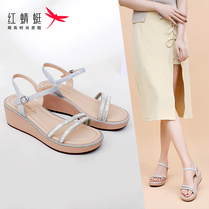 红蜻蜓一字带坡跟厚底女高跟凉鞋