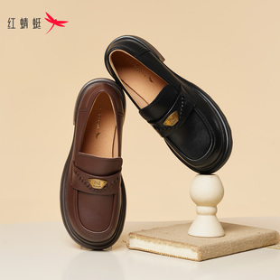 红蜻蜓厚底乐福鞋女春季新款一脚蹬女鞋增高黑色单鞋复古英伦皮鞋