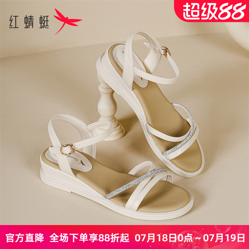 红蜻蜓平底坡跟凉鞋女款2025新款夏季外穿女鞋子软底妈妈女士软底