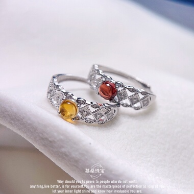 日系蕾丝s925纯银天然石榴石黄水晶戒指宽版镂空小众设计轻奢活口