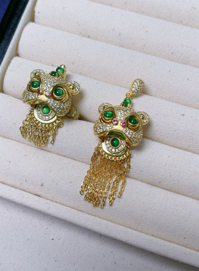 【新年醒狮】s925纯银中国风醒狮天然A货翡翠戒指吊坠开口套装