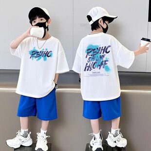 纯棉中大童街头休闲风字母印花T恤套装男童夏季宽松短袖两件套潮