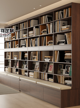 定制全实木卡座书柜中古风整墙客厅书架橡木满墙置储物落地展示柜