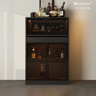 定制复古风全实木酒柜客厅储物柜玻璃门LED灯带可移动边柜收纳柜
