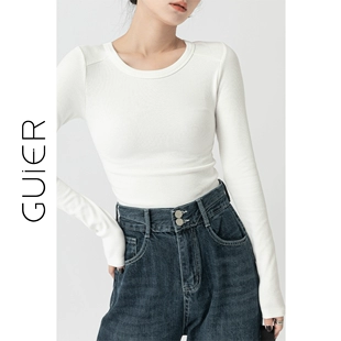 打底衫 T恤女春季 小众设计感上衣 「GUIER」白色圆领长袖 2023年新款