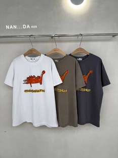 韩国东大门女式 圆领T恤2025秋冬新 宽松休闲中性卡通恐龙印花短袖