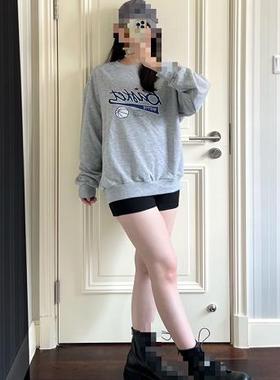 字母印花圆领卫衣女日系纯色运动套头长袖休闲上衣男女同款烟灰色
