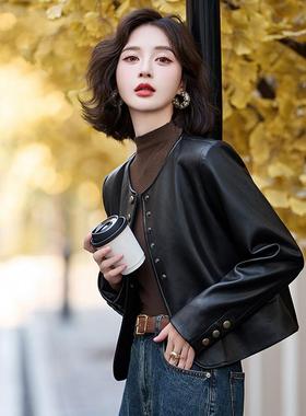 黑色皮衣短外套女秋冬新款洋气正肩圆领小个子高级感PU皮夹克上衣