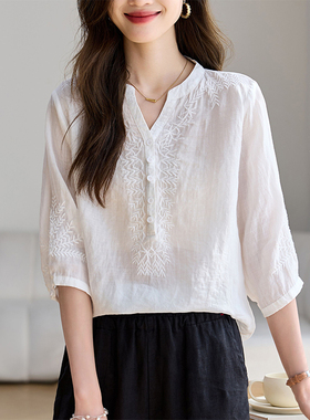 棉麻半袖上衣女高端亚麻t恤女苎麻女装宽松短款2025新款白色短袖