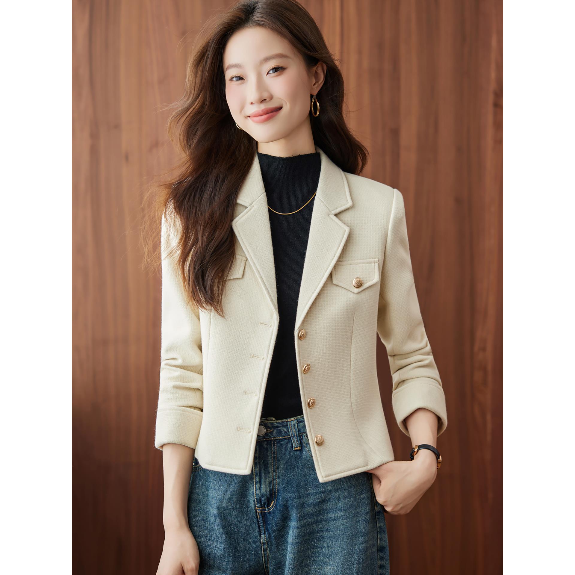 小香风短款西装外套女2025新款春秋高级感气质小个子米色西服上衣