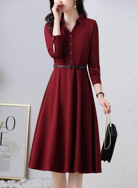 红色连衣裙女中长款2025春秋新款气质轻奢遮肚减龄衬衫高级感裙子