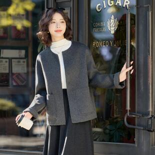 无领双面羊绒大衣女2025秋冬新款高级灰气质百搭羊毛呢子短款外套