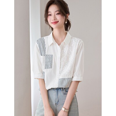 设计感条纹绣花纯棉短袖衬衫女2025新款夏季休闲宽松洋气减龄上衣
