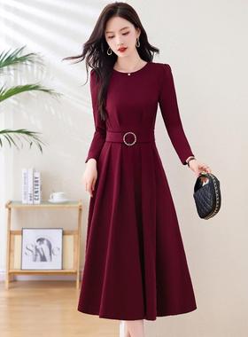 安可拉红色长袖连衣裙女2025春秋新款高级感气质通勤收腰显瘦裙子