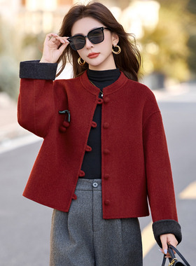 新中式风红色短款羊毛呢外套女2025秋冬新款高级感小个子呢大衣
