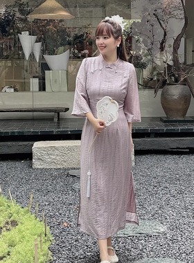 37738古法改良新中式旗袍紫色年轻款复古气质高端显瘦大码连衣裙