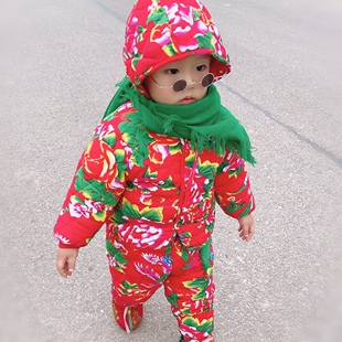 宝宝东北大花棉袄棉裤套装婴幼儿红色喜庆棉服儿童夹棉加绒棉衣