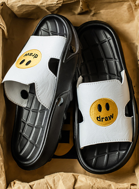 欧洲站男士拖鞋笑脸夏季外穿防滑凉拖男真皮轻奢个性沙滩一字拖潮