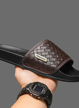 黑色编织拖鞋男欧洲站真皮软底凉拖外穿时尚一字拖轻奢开车凉鞋夏