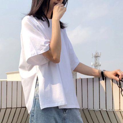 韩版ins春夏季新款纯白短袖原宿风宽松大版两边开叉棉质半袖T恤女