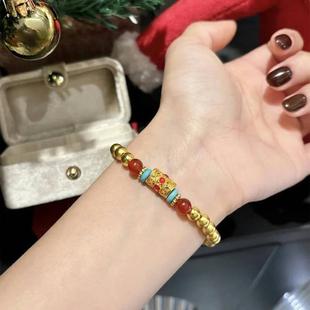 黄金色新中式仿绿松石手链国潮风镀金久不掉色仿真红玛瑙沙金手串
