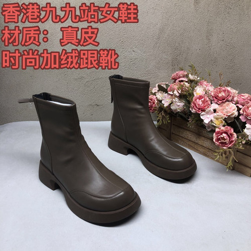 真皮34W0415卡其粗跟宽头时尚后拉链加绒瘦瘦靴洋气百搭全皮洋气