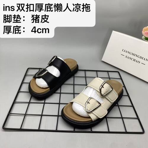 网红双金属扣勃肯一字拖女软皮防滑厚底轻便学生逛街两用拖鞋991