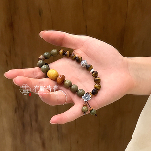 有野青青「应是前山花开」原创设计绿檀木虎眼石小花双圈手串礼物