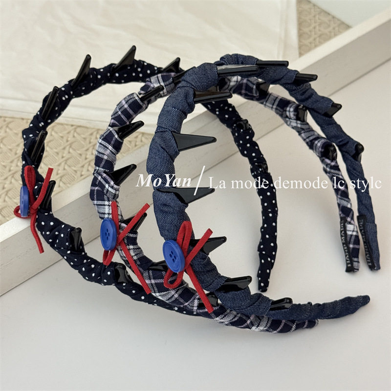 韩版纽扣蝴蝶结布艺缠绕长齿发箍日常百搭新款压发卡气质一体头箍