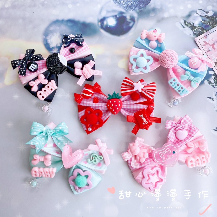 原创小物lo娘洛丽塔粉蓝边夹