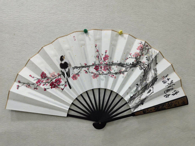 10寸折扇天语作品纯手绘花鸟洒金宣纸古风小折扇梅花喜上梅梢d43