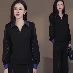 欧货休闲套装女秋设计感牛仔拼接假两件洋气长袖上衣阔腿裤两件套