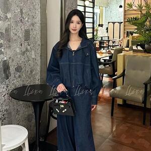春季搭配一整套女高级感复古气质拉链牛仔外套阔腿休闲裤两件套潮
