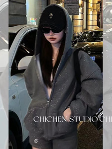 欧货运动套装女秋冬设计感闪闪连帽百搭加绒卫衣高腰短裤两件套潮