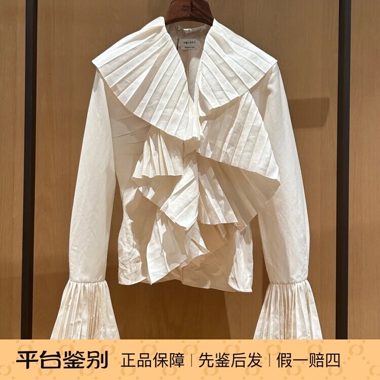 白色荷叶边衬衫 上衣 百褶喇叭袖 Alexander McQueen麦昆2025春夏