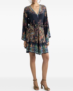 真丝V领荷叶边长袖连衣裙 复古印花桑蚕丝 Etro艾绰 2026春季新款